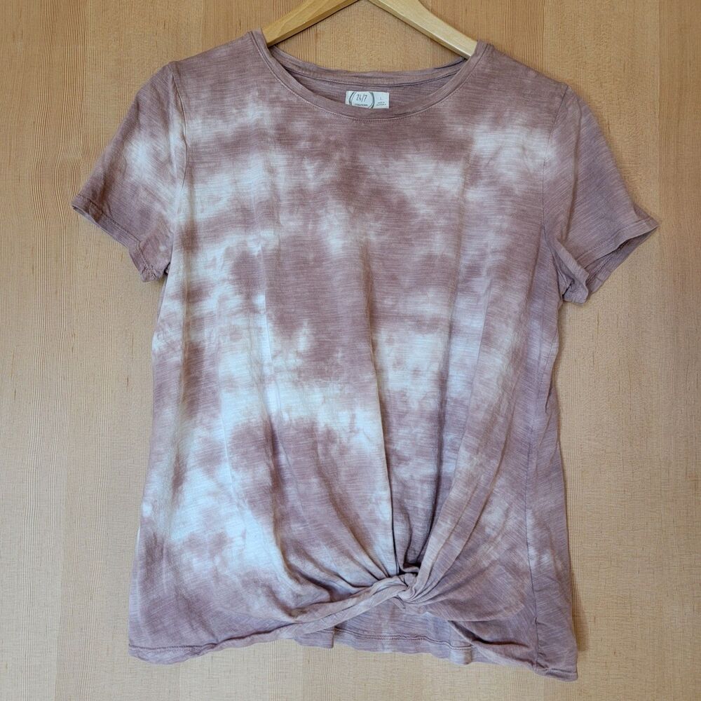 Maurice's 24/7 Tie-Dye Hippie Women's L Short Sleeve Top Blush Knot Front Detail